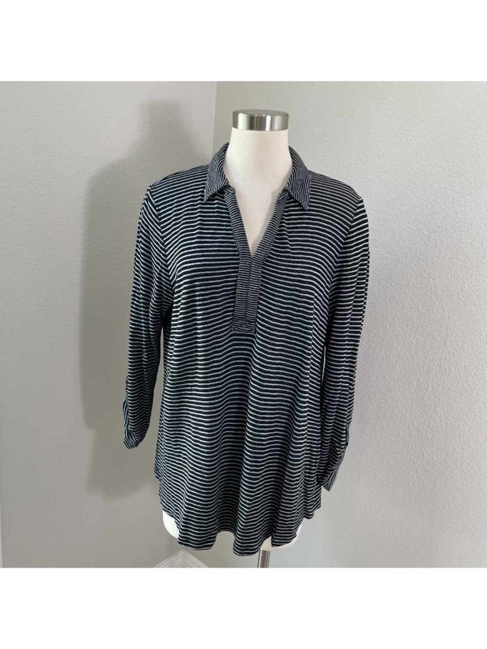 J Jill Womens Large Stripe Collared Tunic Top Roll Tab Sleeve Shirt Stretch